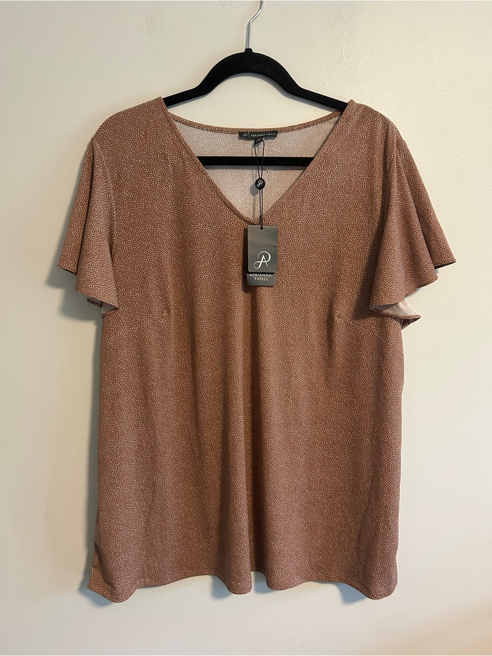 Adrianna Papell plus size 2x brown polka dot V-Neck short Flutter Sleeve blouse
